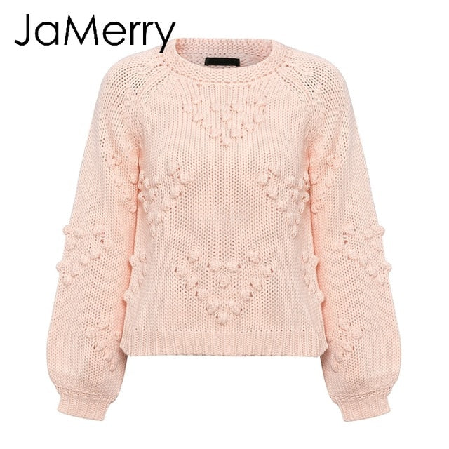 JaMerry Vintage pink hairball autumn winter sweaters ladies Long sleeve casual pullover 2019 Fashion chic loose knitted jumper