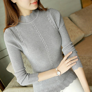 Slim Winter Ruffles Knitted Turtleneck Sweater Women Solid Long Sleeve Warm Pullover Tops Female  Fashion Autumn Bottoming Top