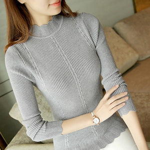 Slim Winter Ruffles Knitted Turtleneck Sweater Women Solid Long Sleeve Warm Pullover Tops Female  Fashion Autumn Bottoming Top