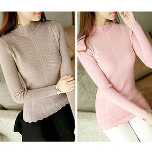 Slim Winter Ruffles Knitted Turtleneck Sweater Women Solid Long Sleeve Warm Pullover Tops Female  Fashion Autumn Bottoming Top