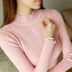 Slim Winter Ruffles Knitted Turtleneck Sweater Women Solid Long Sleeve Warm Pullover Tops Female  Fashion Autumn Bottoming Top