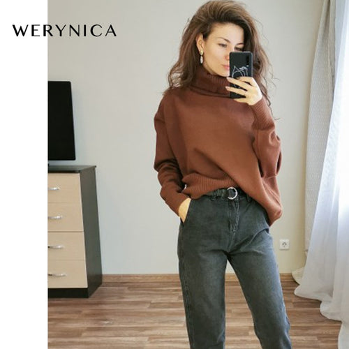 Werynica New Autumn Winter Women Loose Knitted Sweater Oversized Turtleneck Sweater Long Sleeves Women Outwear Solid Pullover