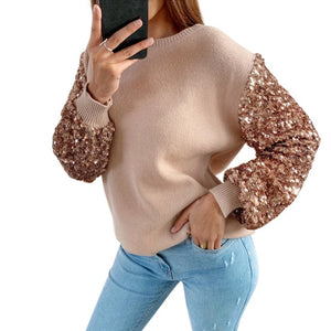 Autumn Women Sweater Tops Lantern Long Sleeve Sequins Bling Lady Pullover Sweater Korean Slim Knit Slim Sweater Female Knitwear