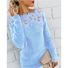 Load image into Gallery viewer, Women Autumn Winter Fleece Pullover Sexy Lace Hollow Out Plush Sweater Slash Neck Knitted Sweater Plus Size Tops Casual Jumpers