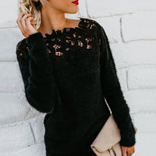 Load image into Gallery viewer, Women Autumn Winter Fleece Pullover Sexy Lace Hollow Out Plush Sweater Slash Neck Knitted Sweater Plus Size Tops Casual Jumpers