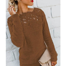 Load image into Gallery viewer, Women Autumn Winter Fleece Pullover Sexy Lace Hollow Out Plush Sweater Slash Neck Knitted Sweater Plus Size Tops Casual Jumpers