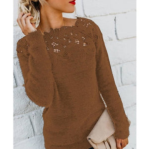 Women Autumn Winter Fleece Pullover Sexy Lace Hollow Out Plush Sweater Slash Neck Knitted Sweater Plus Size Tops Casual Jumpers