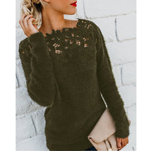 Load image into Gallery viewer, Women Autumn Winter Fleece Pullover Sexy Lace Hollow Out Plush Sweater Slash Neck Knitted Sweater Plus Size Tops Casual Jumpers