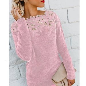 Women Autumn Winter Fleece Pullover Sexy Lace Hollow Out Plush Sweater Slash Neck Knitted Sweater Plus Size Tops Casual Jumpers