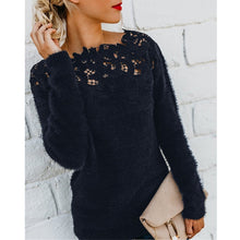 Load image into Gallery viewer, Women Autumn Winter Fleece Pullover Sexy Lace Hollow Out Plush Sweater Slash Neck Knitted Sweater Plus Size Tops Casual Jumpers