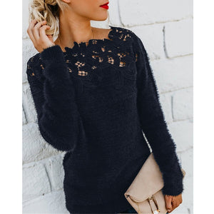 Women Autumn Winter Fleece Pullover Sexy Lace Hollow Out Plush Sweater Slash Neck Knitted Sweater Plus Size Tops Casual Jumpers