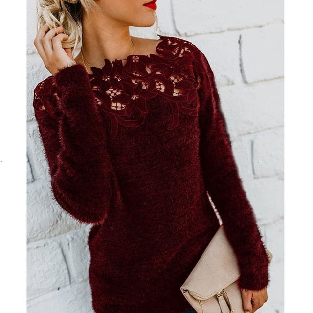 Women Autumn Winter Fleece Pullover Sexy Lace Hollow Out Plush Sweater Slash Neck Knitted Sweater Plus Size Tops Casual Jumpers