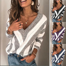 Load image into Gallery viewer, Womens Striped Sweater 2020 Spring Fashion V Neck Long Sleeve Sweater Loose Knitted Batwing Sleeve Pullover Sexy Jumper Tops Hot