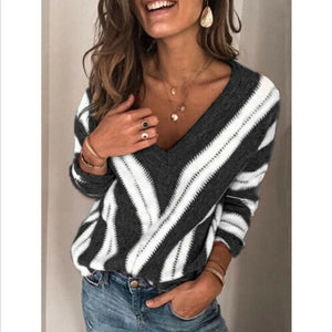 Womens Striped Sweater 2020 Spring Fashion V Neck Long Sleeve Sweater Loose Knitted Batwing Sleeve Pullover Sexy Jumper Tops Hot