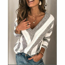 Load image into Gallery viewer, Womens Striped Sweater 2020 Spring Fashion V Neck Long Sleeve Sweater Loose Knitted Batwing Sleeve Pullover Sexy Jumper Tops Hot