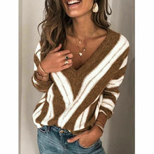 Load image into Gallery viewer, Womens Striped Sweater 2020 Spring Fashion V Neck Long Sleeve Sweater Loose Knitted Batwing Sleeve Pullover Sexy Jumper Tops Hot