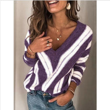 Load image into Gallery viewer, Womens Striped Sweater 2020 Spring Fashion V Neck Long Sleeve Sweater Loose Knitted Batwing Sleeve Pullover Sexy Jumper Tops Hot