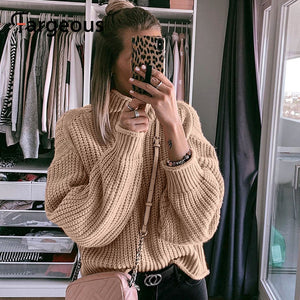 NLW Khaki Turtleneck Women Sweater Autumn Winter Long Sleeve Jumper 2019 Knitted Loose Fashion Pullover Femme