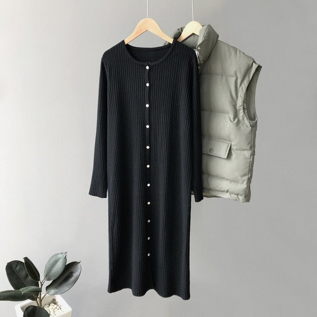 Mooirue Autumn 2019 Casual Knitted Sweater Dress Long Buckle Overknee Knitting Slim Jumper Women Grey Knitwear