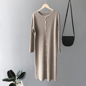 Mooirue Autumn 2019 Casual Knitted Sweater Dress Long Buckle Overknee Knitting Slim Jumper Women Grey Knitwear