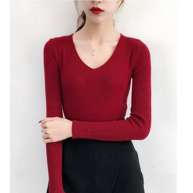 Pull Femme Sexy Deep V Neck Women Sweaters And Pullovers 2018 Winter Pink Gray Knitted Warm Jumper Slim Stretch Sweater Female