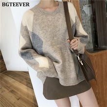 Load image into Gallery viewer, Autumn Winter Women Sweater Plaid O-Neck Warm Minimalist Knitting Pullovers Elegant Ladies Female Loose Knitted Tops Jumpers