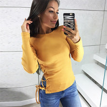 Load image into Gallery viewer, New Lace Up Solid Knit Sweater women Sexy 2019 Slim Bandage Pullover Long Sleeve Ladies Party Sweater jumper Top Pull Femme