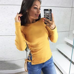 New Lace Up Solid Knit Sweater women Sexy 2019 Slim Bandage Pullover Long Sleeve Ladies Party Sweater jumper Top Pull Femme