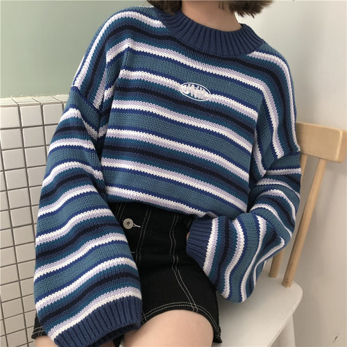 Female Korean Harajuku Clothing For Women Loose Wild Striped Student Sweater Women's Sweaters Kawaii Ulzzang Pullover Jumper