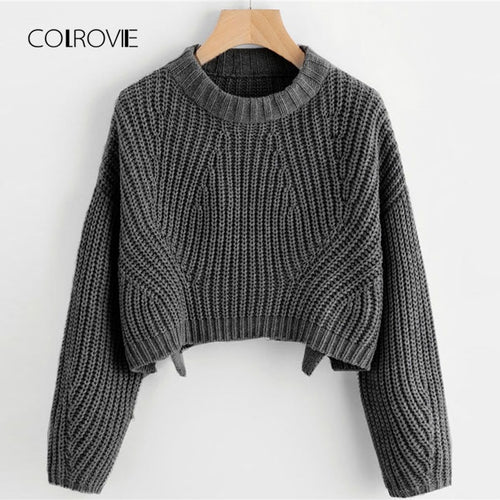 COLROVIE Split Solid Korean Elegant Crop Grey Sweater Women Tops 2018 Fashion Pullover Long Sleeve Winter Jumper Ladies Sweaters