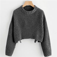 Load image into Gallery viewer, COLROVIE Split Solid Korean Elegant Crop Grey Sweater Women Tops 2018 Fashion Pullover Long Sleeve Winter Jumper Ladies Sweaters